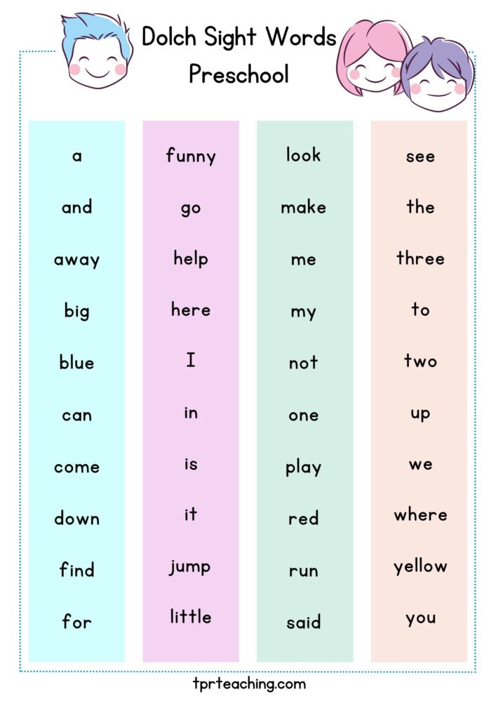 Preschool Sight Words List